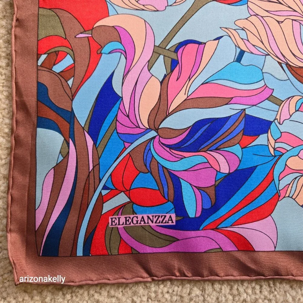 Eleganzza Silk Twill Scarf Floral Hand Rolled Edges